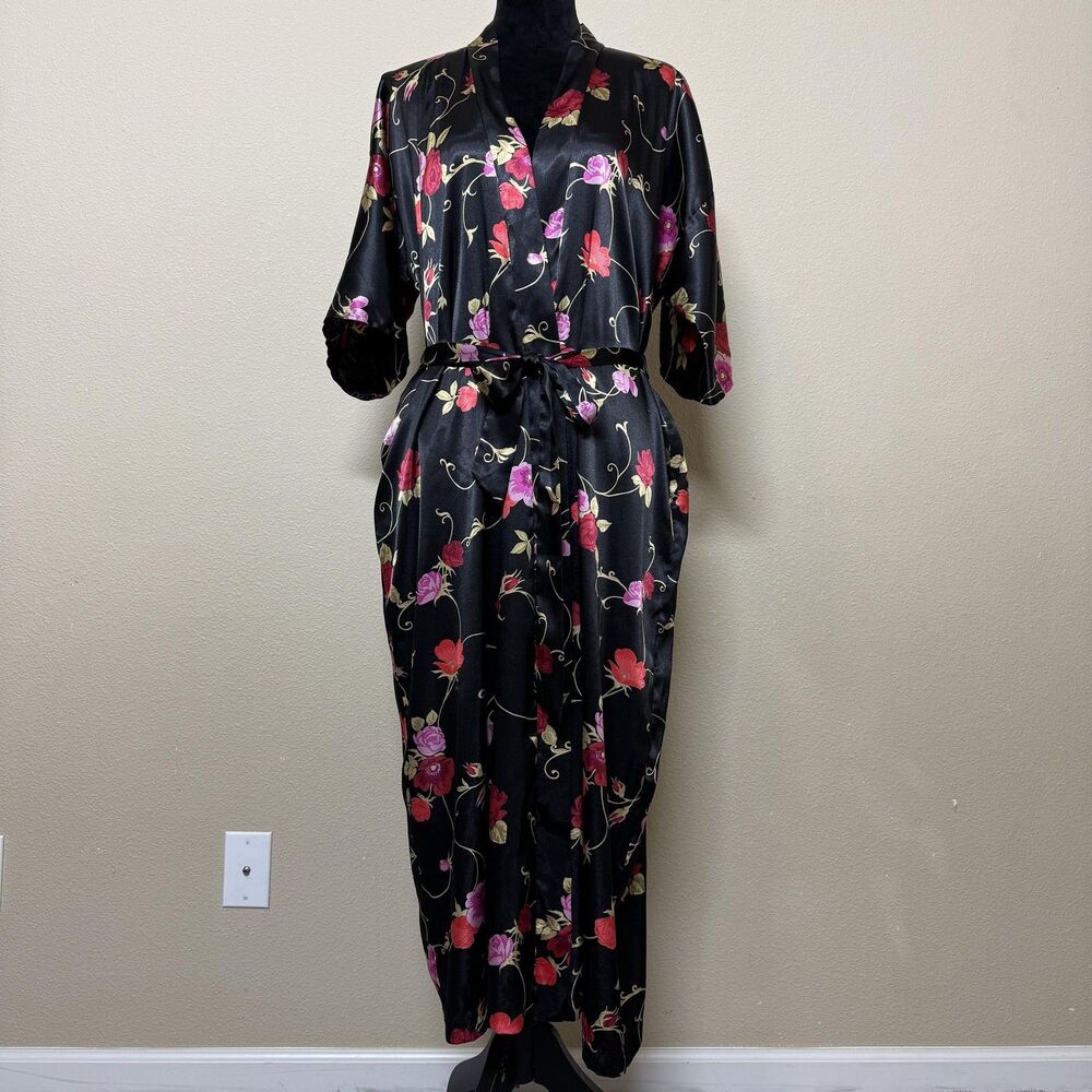 Vintage Intimate Affair Robe Womens Large Black Floral Satin Kimono Lounge Belt